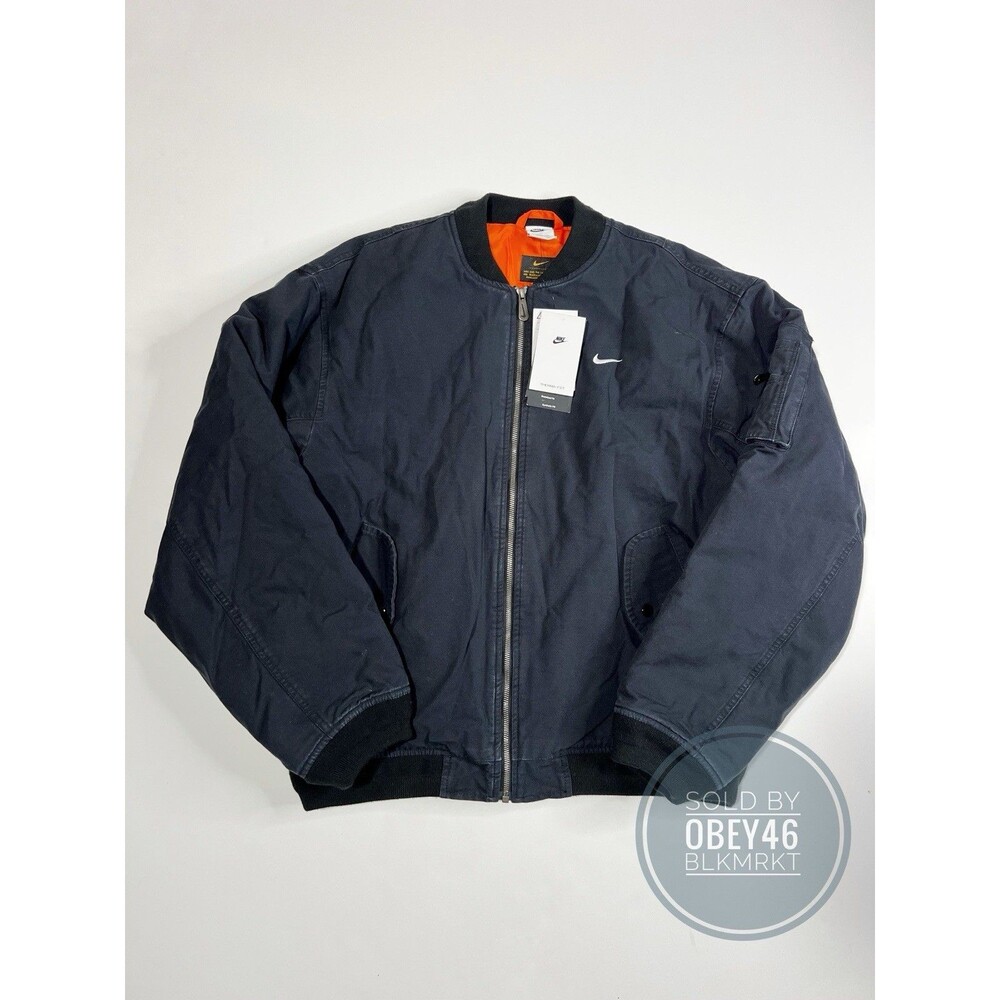 Nike Solo Swoosh Flight Bomber Jacket Black Canvas DX0680-010 Size M Oversized - Picture 3 of 8